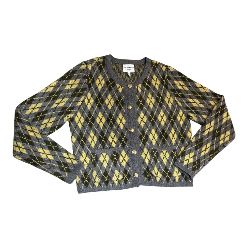 Willow & Wind Argyle Cardigan Sweater Womens Large Grey Yellow Gold Crest Button